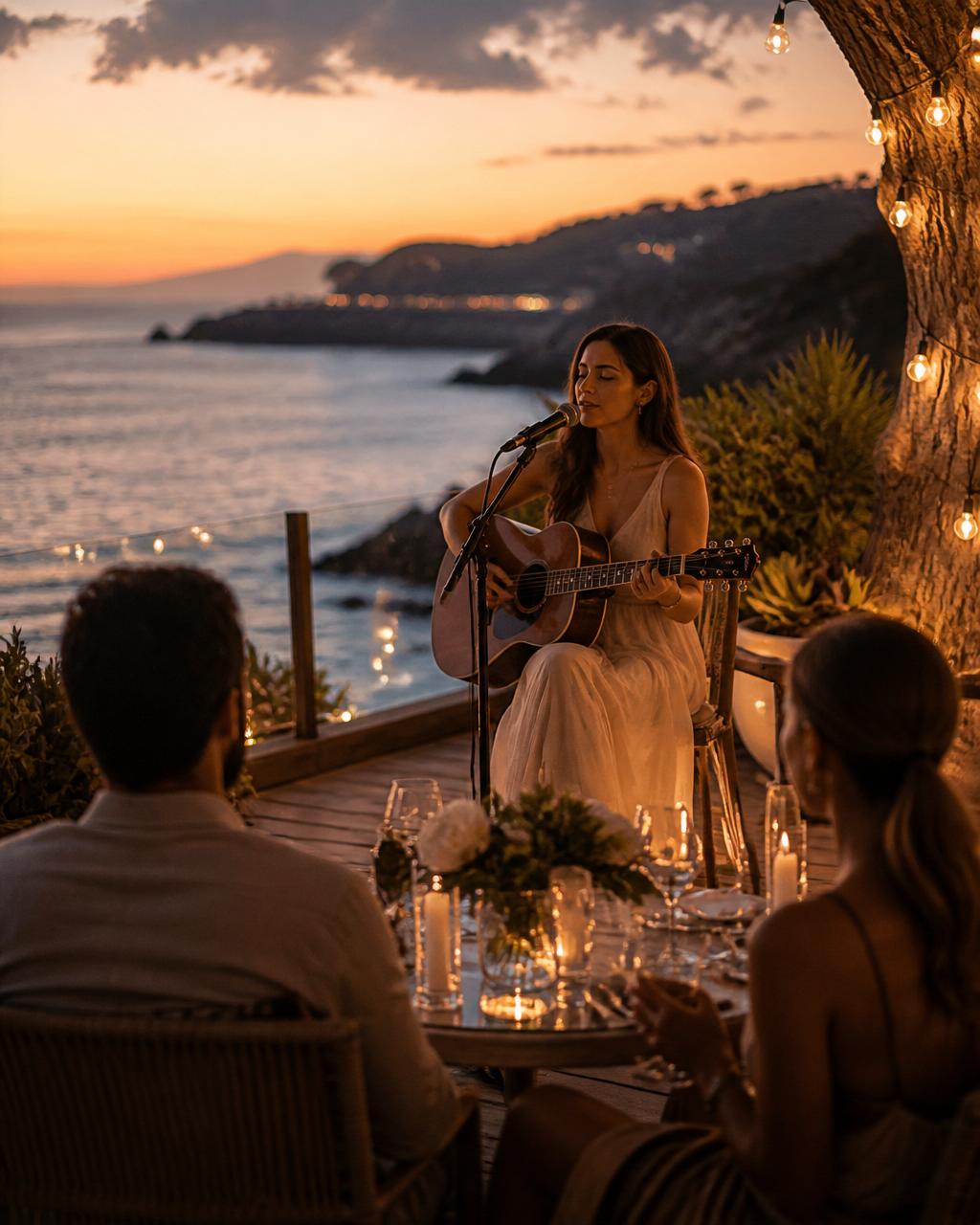 A musician performing live on an outdoor terrace at dusk
