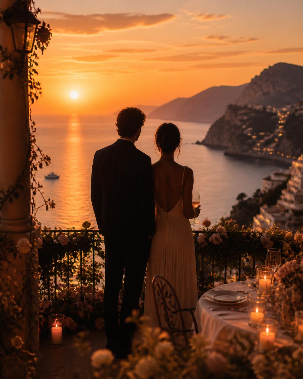 A candlelit table for two on a stone terrace overlooking the sea at dusk